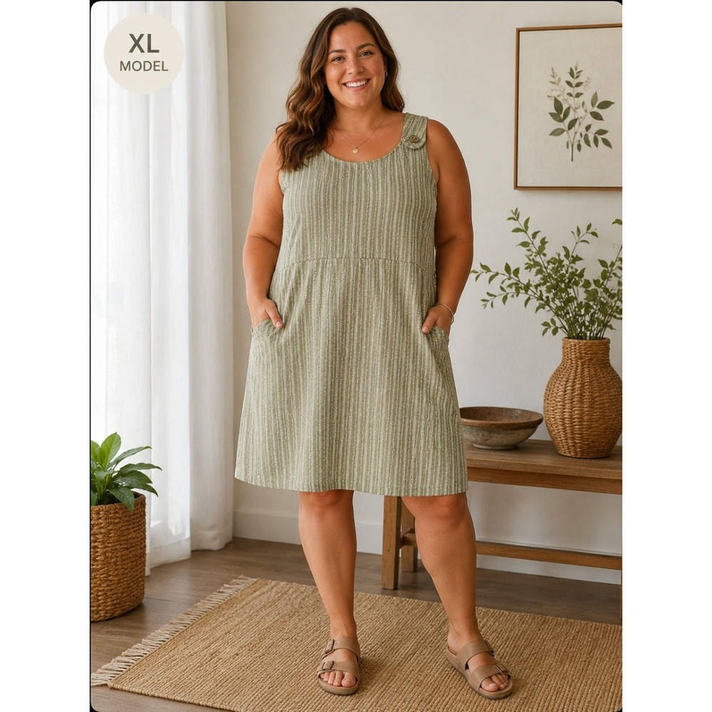 Escape by Habitat Khaki Bali Stripe 100% Cotton Dress XL Lagenlook Relaxed NWT